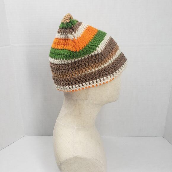 Cat Ear Beanie Crochet Hat Brown Green Stripe Handmade Knit Kitty Soft Winter main image 9